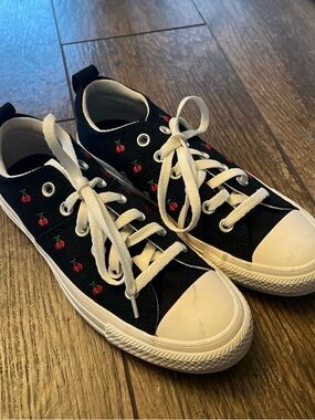 Woman’s size 8Black Canvas Sneakers with Red Cherry Embroidery